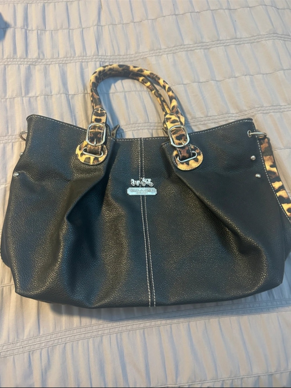 Black Tote with Leopard-Print Handles